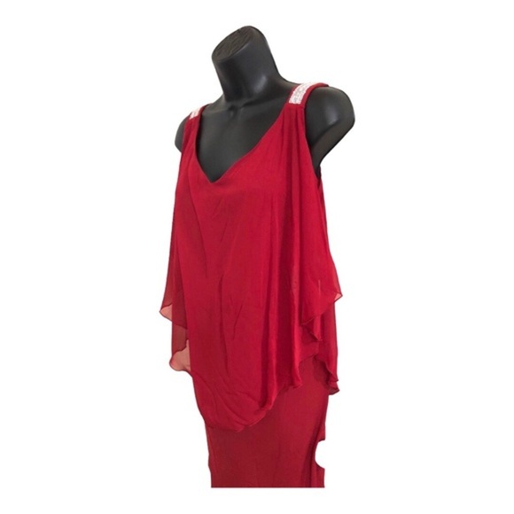 EnFocus red sheer cape sequin strap cold shoulder elegant plus size dress 14W - Picture 4 of 16